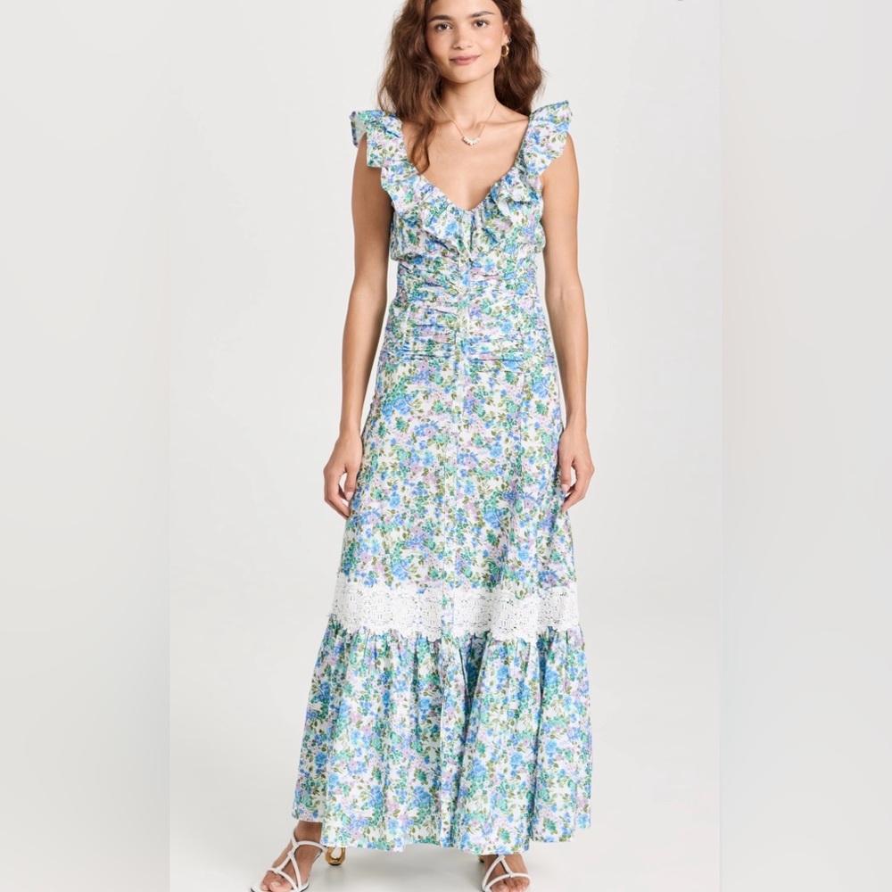 By Timo Maxi Dress Floral Ruffle Neckline Crochet Trim Ruched Bodice SZ XL EUC